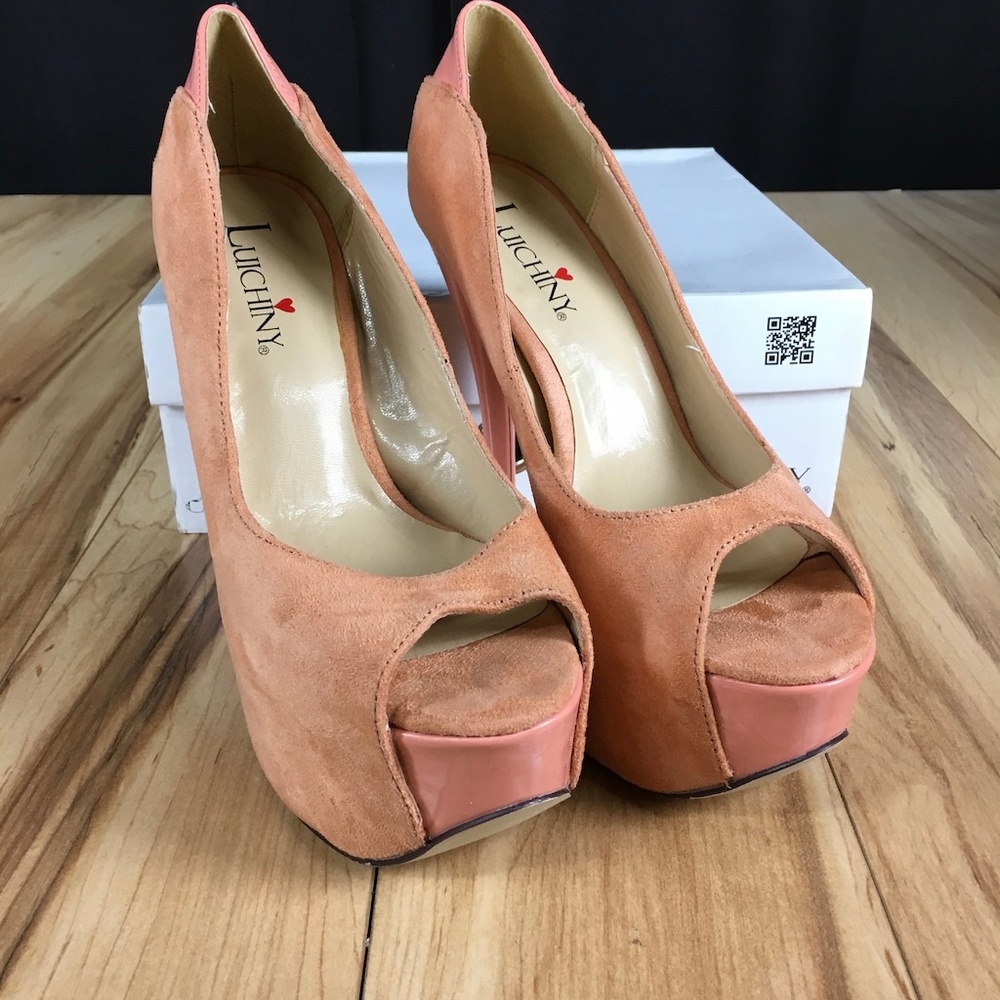 Luichiny platform heel Coral peach suede open toe - Picture 3 of 7